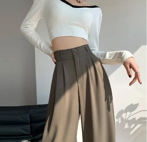 Suit Wide leg Pants Women's High Waist Baggy Straight Trousers Brown - Shop at LoveMi