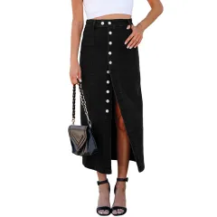 Women's Button Irregular Slit Midi Dress - Black - View 1