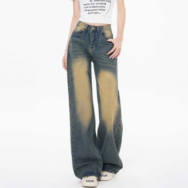 High Waist Loose Straight Mop Jeans Blue - Shop at LoveMi