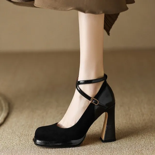 Black High Heels Women's Chunky Heel New Cross Strap Square Toe All matching Black - Shop at LoveMi