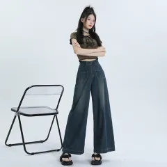 Women's Fashionable Retro Loose Straight Long Pants - Blue - View 1