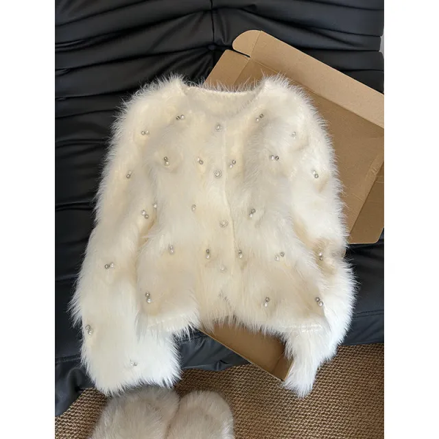 Elegant Heavy Industry Beads Soft Glutinous Knitted Sweater Coat White - Shop at LoveMi