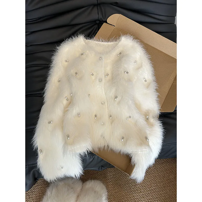 Elegant Heavy Industry Beads Soft Glutinous Knitted Sweater Coat - White