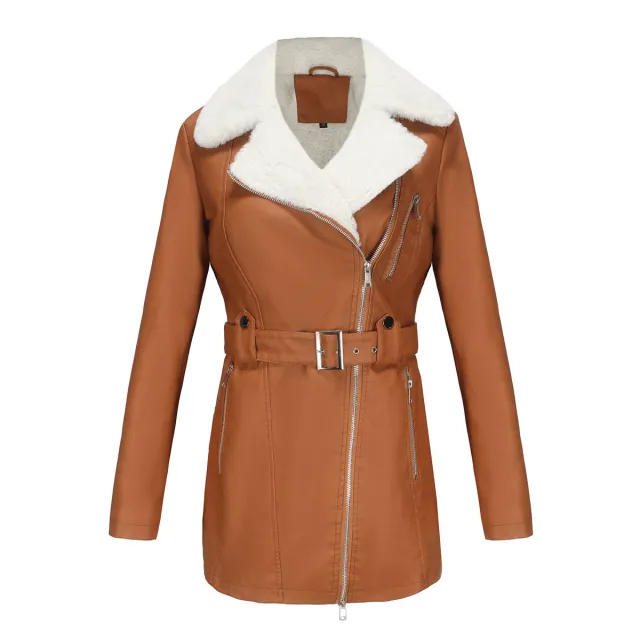 Long Sleeve Fleece Leather Jacket Women Camel - Shop at LoveMi