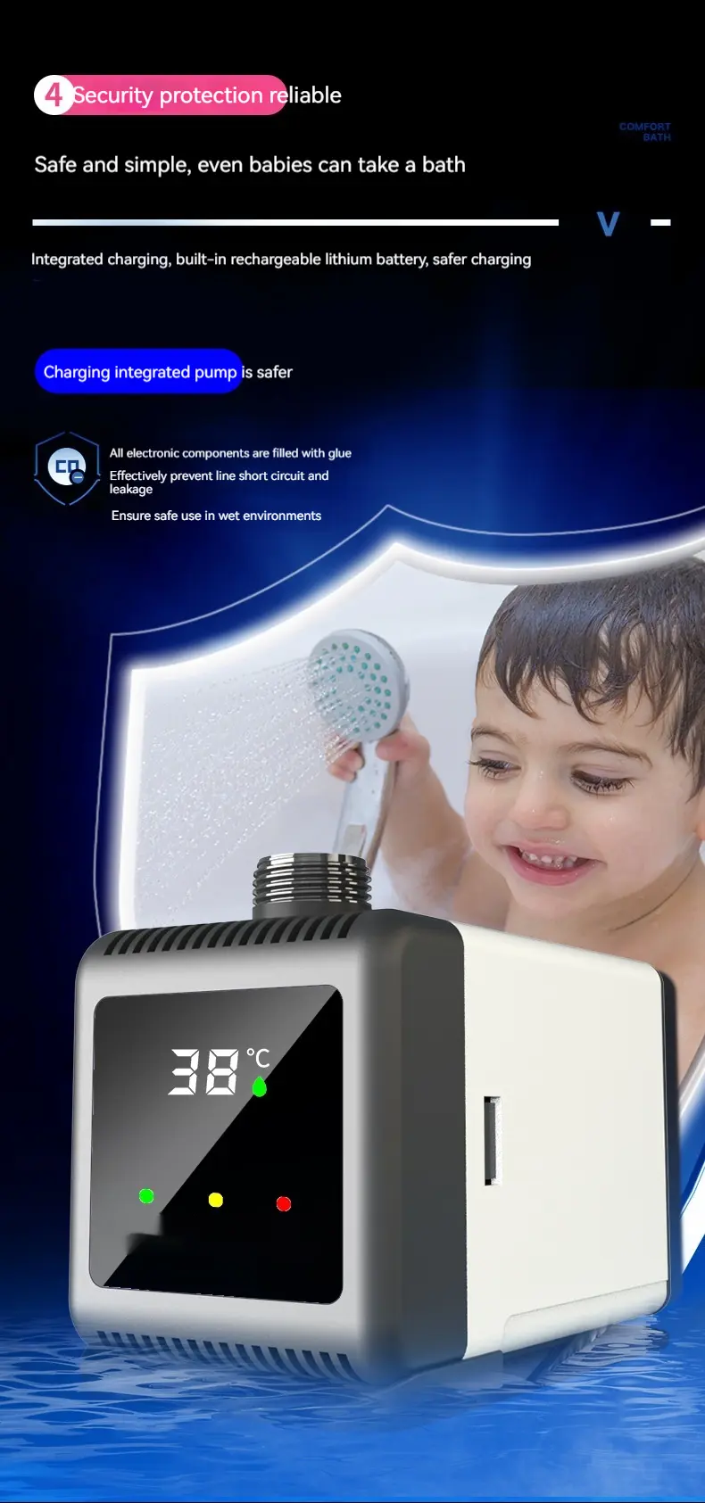 Portable Shower Pump with Temperature Display for Camping and Outdoor Bathing