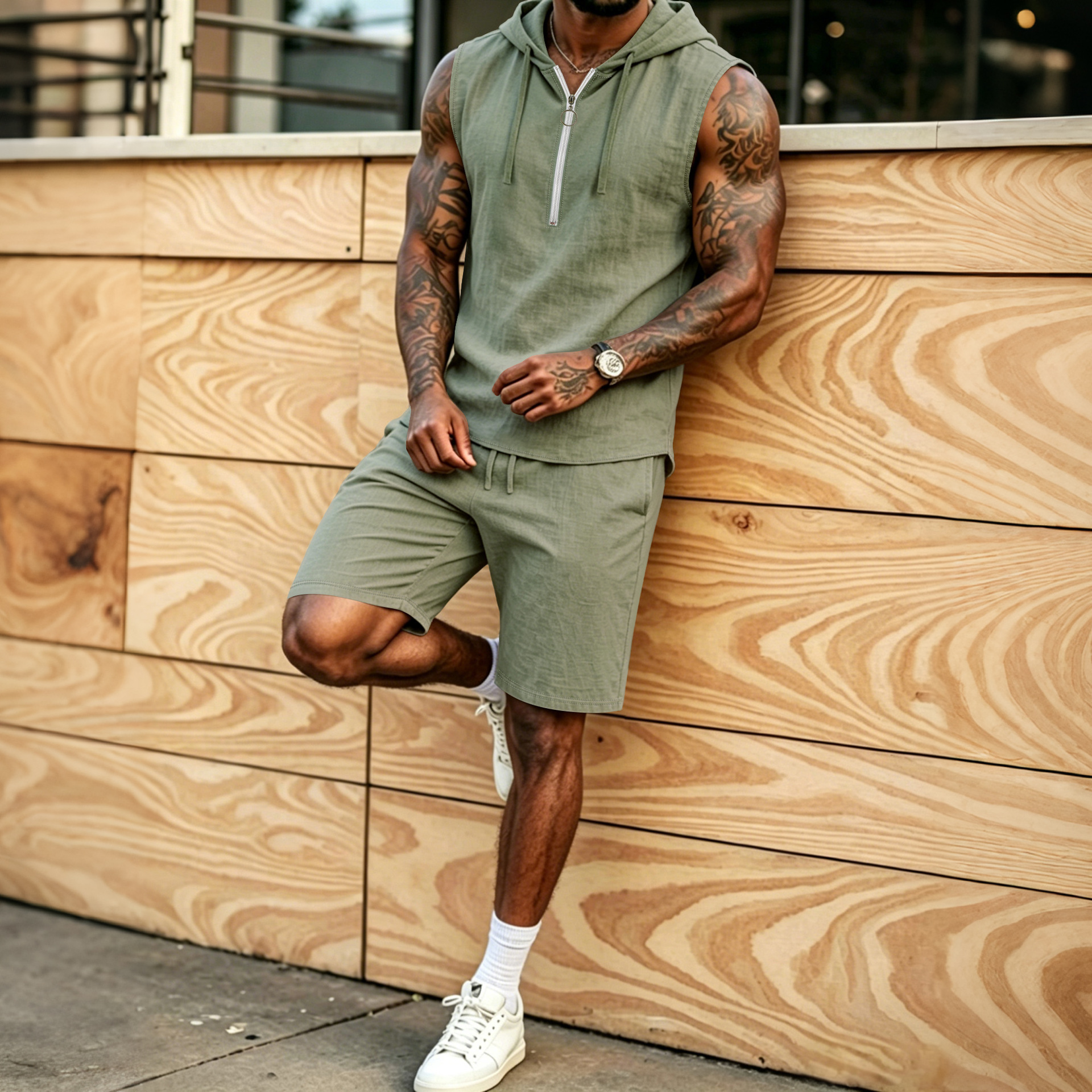 Mens Summer Loose Casual Hooded ZipUp Sleeveless Set 2