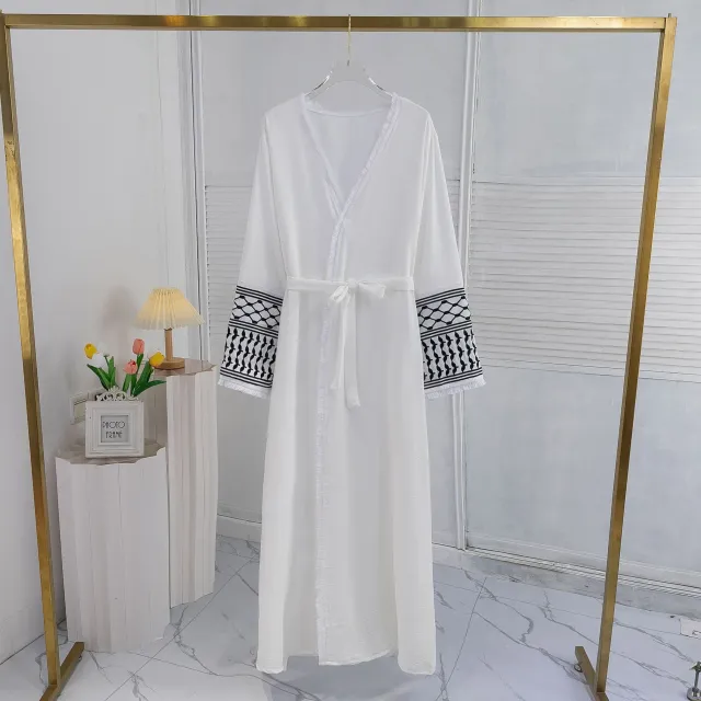 Elegant Cardigan Embroidered Muslim Dress Women's Robe White - Shop at LoveMi