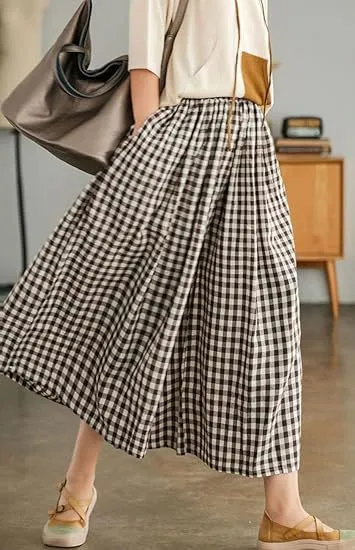 High waisted Cotton linen Plaid Wide leg Pantskirt Loose fitting Casual Trousers Elegant Style Brown - Shop at LoveMi