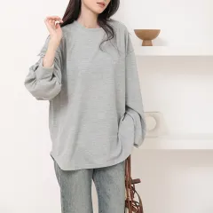 Autumn Waffle Women's T-shirt Round Neck Solid Colour - Light Grey - View 1