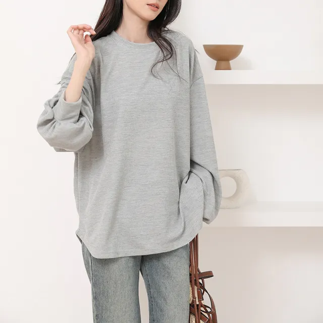 Autumn Waffle Women's T shirt Round Neck Solid Color Light Gray - Shop at LoveMi
