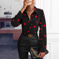 Casual Long-Sleeve Shirt With A Loving-Heart Print Top - Black - View 1