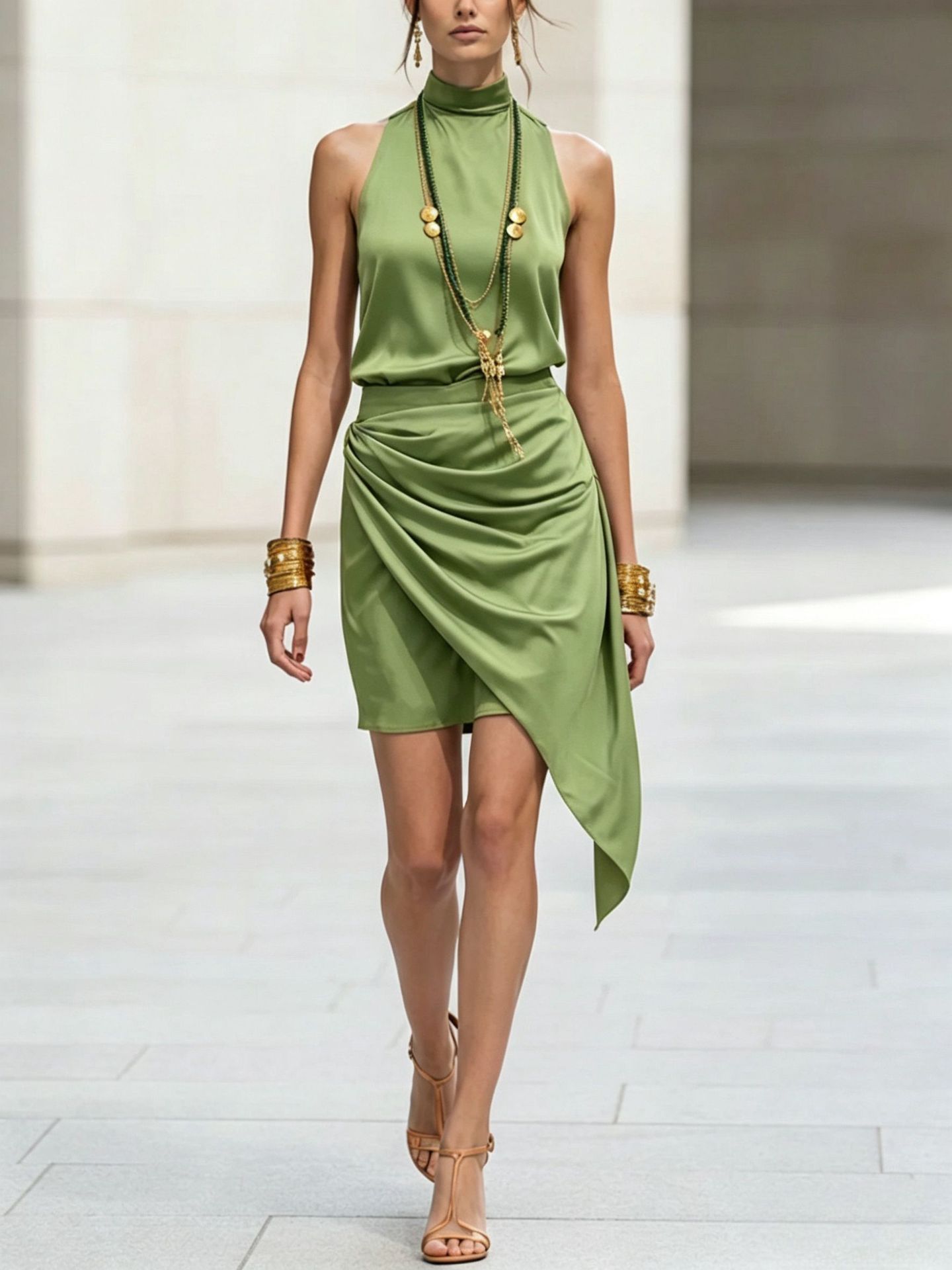 Women's double-layer asymmetrical mini skirt color options: black, green, orange, red, sky blue