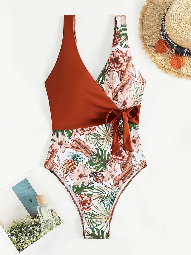 European And American Tropical Plants Multicolor Printing Bikini One piece Multicolor - Shop at LoveMi