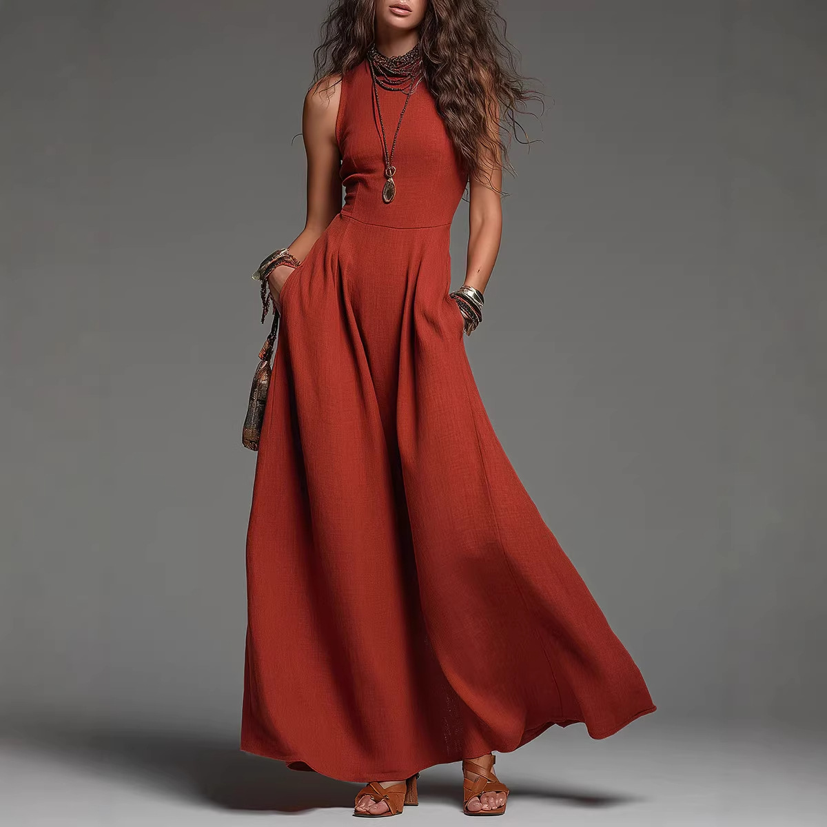 New Sleeveless Casual Dress With Two Pockets