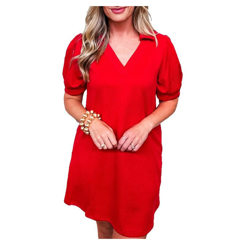 Solid Color Printing Short Sleeve Dress Red - Shop at LoveMi