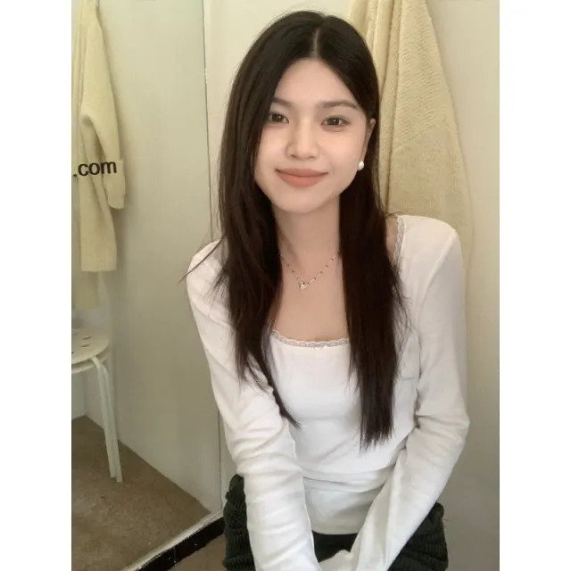 Pure Style Lace Floral Shoulder Long Sleeve T shirt Bottoming Shirt Slim fit Crop top White - Shop at LoveMi