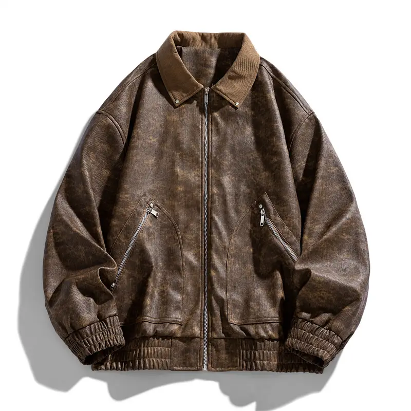 Men's American-style Retro Lapels PU Leather Jacket