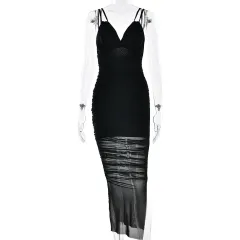 European And American INS Style Sling Deep V Dress Sexy Pleated - Black - View 1