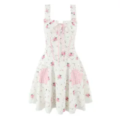 Summer Heart-shaped Pocket Fishbone Girdle Rose Printing Slip Dress - View 1