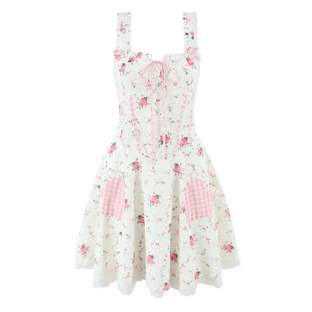 Summer Heart shaped Pocket Fishbone Girdle Rose Printing Slip Dress - Shop at LoveMi
