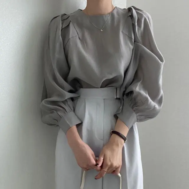 Women's Solid Color French Simplicity Round Neck Puff Sleeve Shirt Gray - Shop at LoveMi