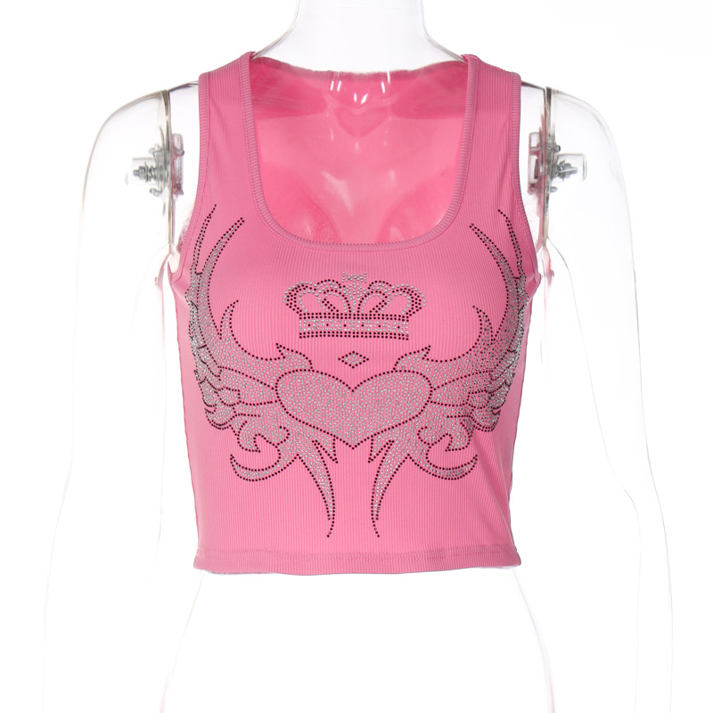 Women's Fashion U collar Hot Drilling Slim fit Tank Top Pink - Shop at LoveMi