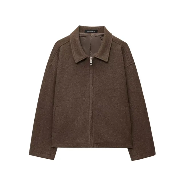 Collar casual versatile jacket with zipper and woolen coat Brown - Shop at LoveMi