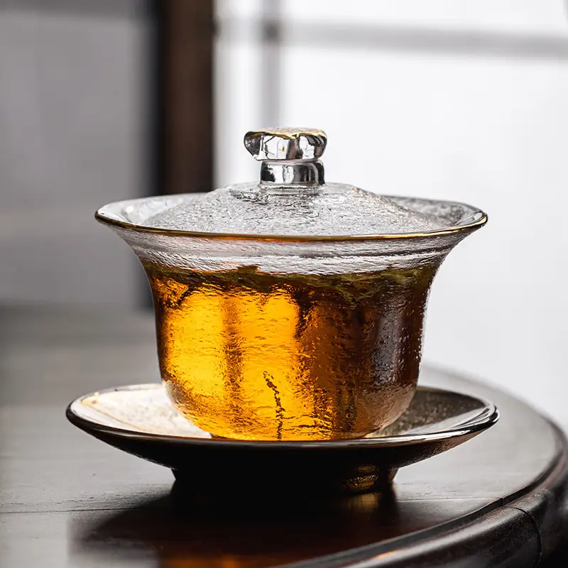 Crystal Glass Gaiwan Painted Gold Hammer Pattern Tea Making Device