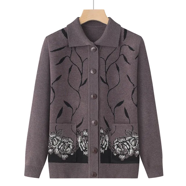 Spring And Autumn Elderly Lapel Thin Sweater Brown - Shop at LoveMi
