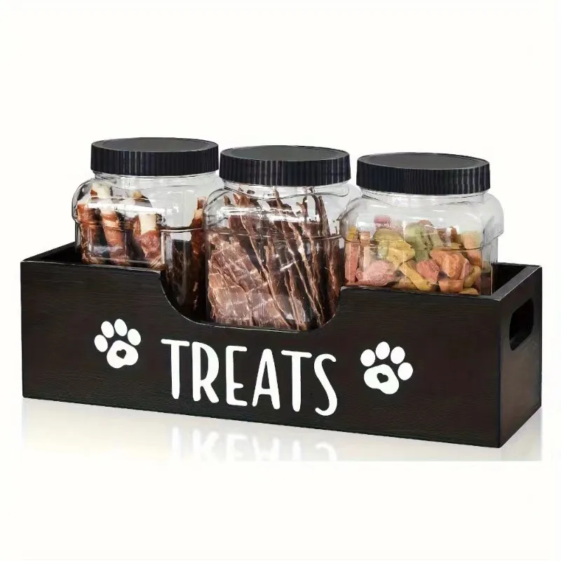 Solid Wood Pet Snack Container Storage Box - Black Containing Jar