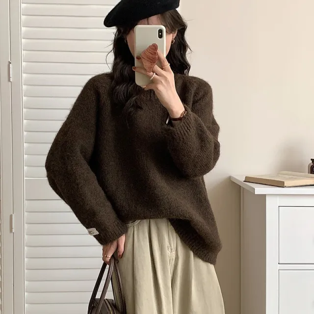 Round Neck Idle Style Autumn And Winter Long Sleeve Soft Glutinous Colored Knit Top Camel - Shop at LoveMi