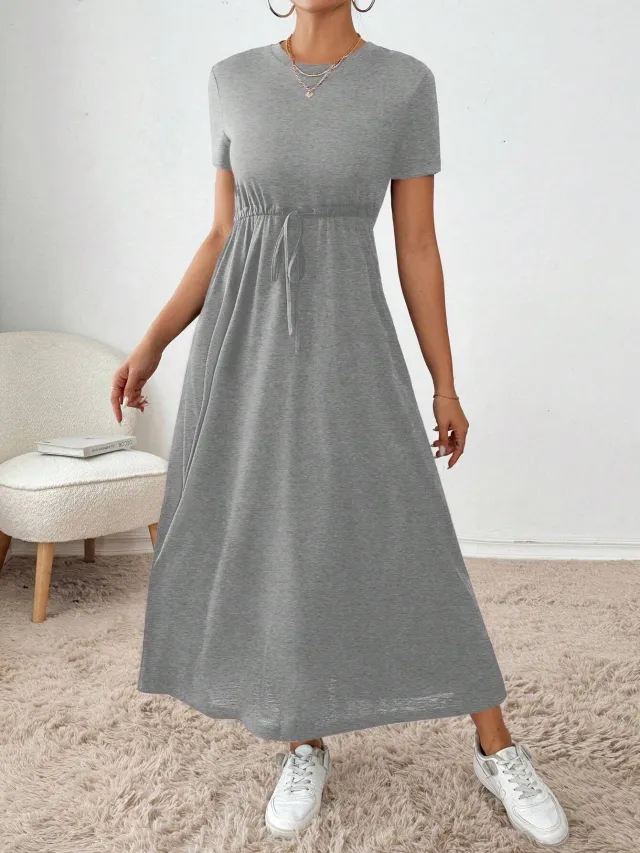 Women's Solid Colored Short Sleeve Drawstring Dress With Side Pockets Gray - Shop at LoveMi