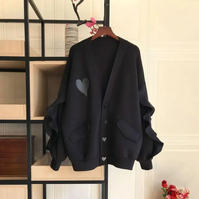 Women's Fashion Loose Casual Love Ruffled Batwing Sleeve Top Black - Shop at LoveMi