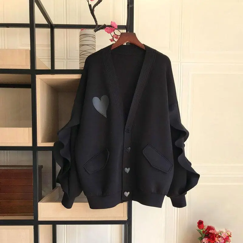 Women's Fashion Loose Casual Love Ruffled Batwing Sleeve Top - Black