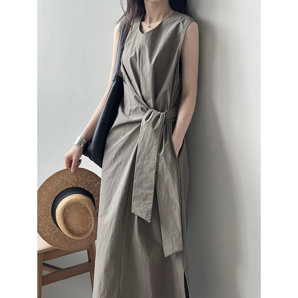 Waist Trimming Lace Up Sleeveless Dress Summer New