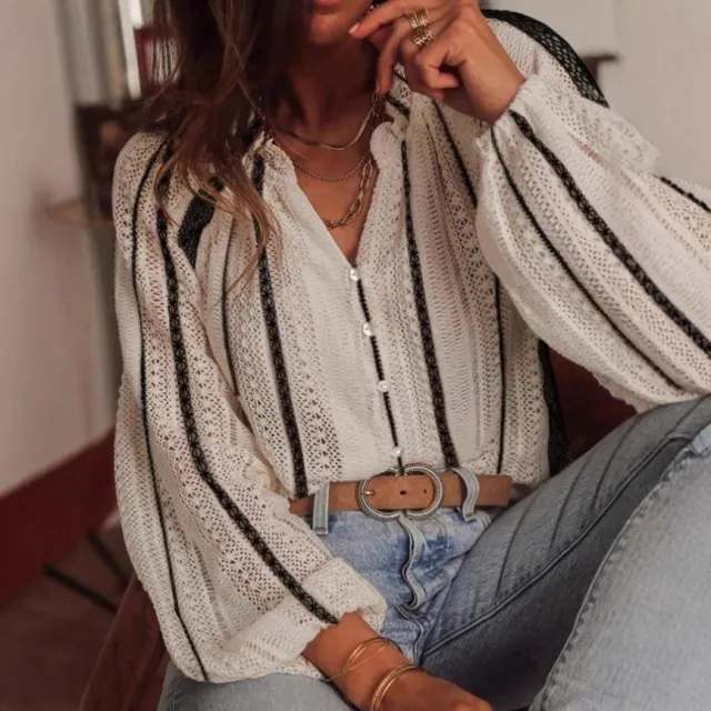 Bubble sleeve Geometric patterned Sheer Button up Shirt Color S - Shop at LoveMi