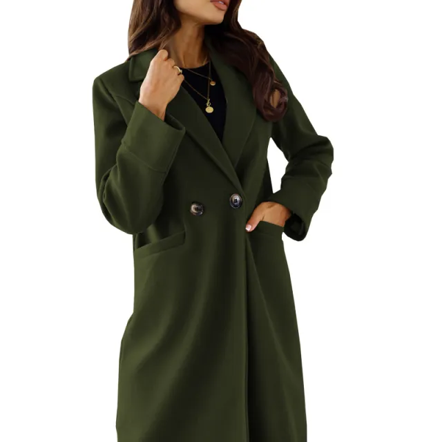 Women's Simple Double Breasted Long Sleeve Turn down Collar Coat Army Green - Shop at LoveMi
