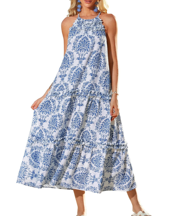 Fashionable Printed Contrast-Color Dress Womens Clothing