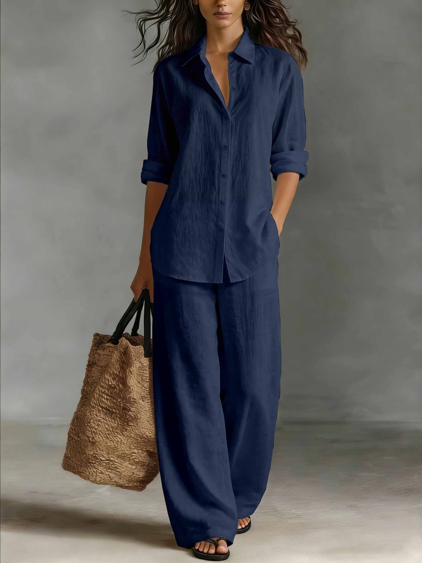 Women's Bohemian Cotton-Linen Set in Dark Blue – casual wear