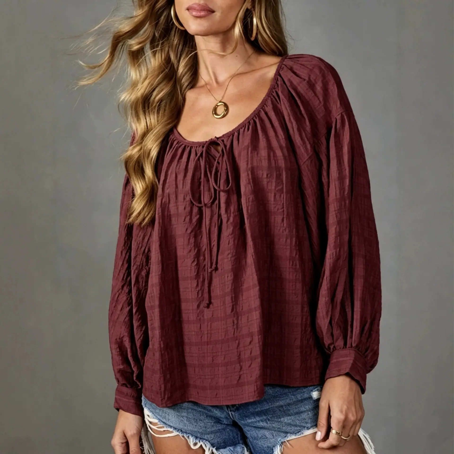 Solid-color Crew-neck Drawstring Top