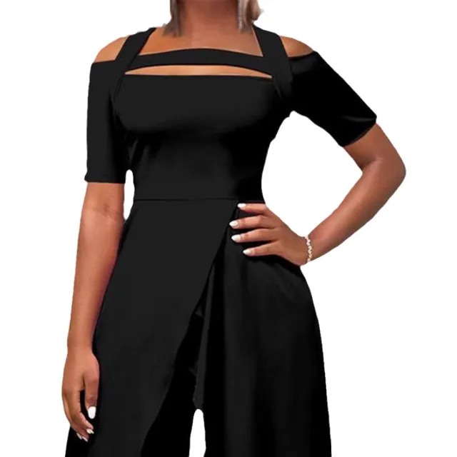 European And American Women's Fashion Short sleeve Off shoulder Solid color Jumpsuit Black - Shop at LoveMi