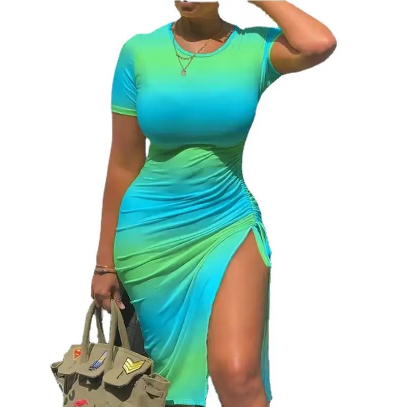Casual Short Sleeve Asymmetric Midi Dress with Drawstring High Slit