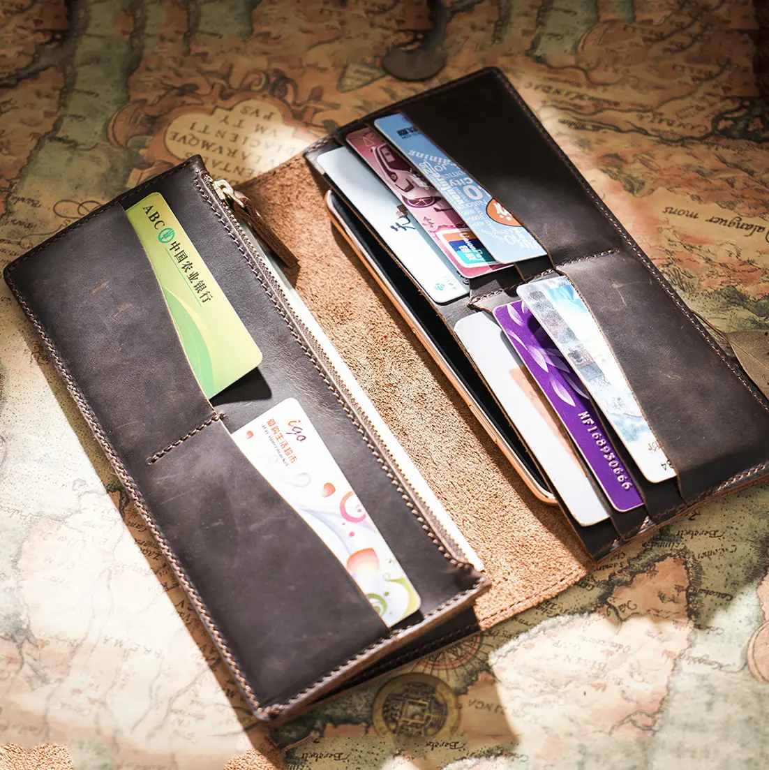 Retro Crazy Horse Leather Long Wallet Men's