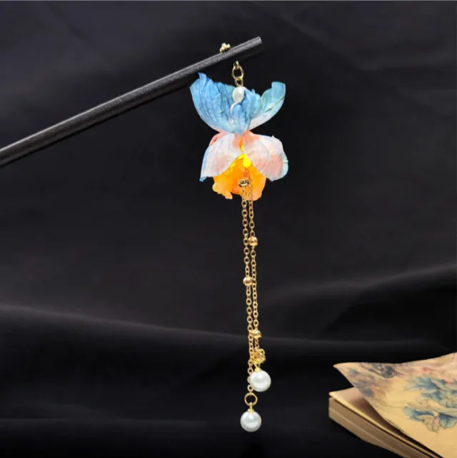 Ancient style Tassel Hairpin Glowing Lantern Silk Flowers Blue - Shop at LoveMi