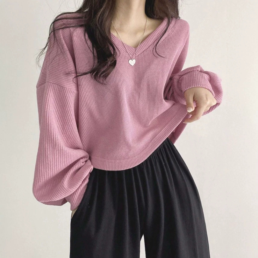 Womens Casual Versatile Solid-color Pullover Knit Sweater Top