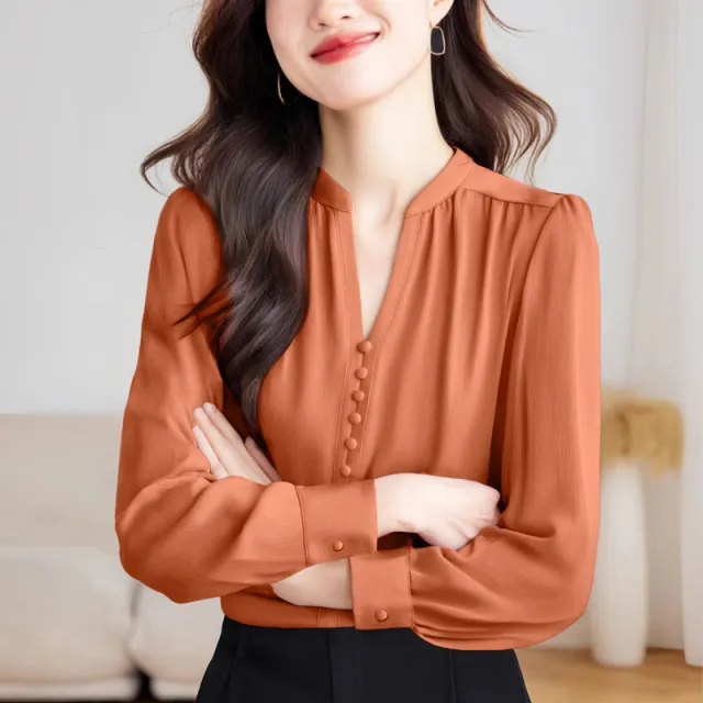 Lady Temperament V neck Slimming Solid Color Top Orange - Shop at LoveMi