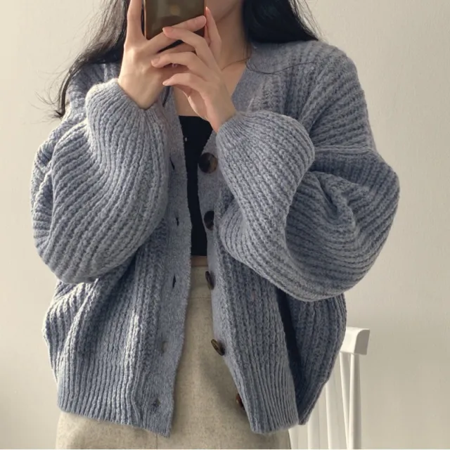 Lazy Lantern Sleeve Warm Thick Knitted Cardigan Blue - Shop at LoveMi