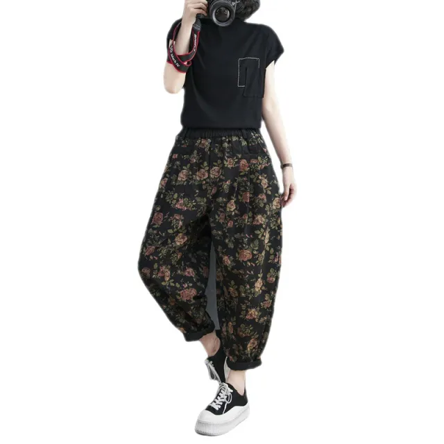 Retro Printed Harem Jeans Loose Plus Size Black - Shop at LoveMi