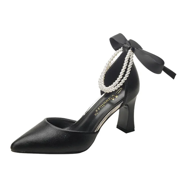 High Heels Women's Chunky Heel Hollowed Pointed toe Ankle strap Shoes Black - Shop at LoveMi