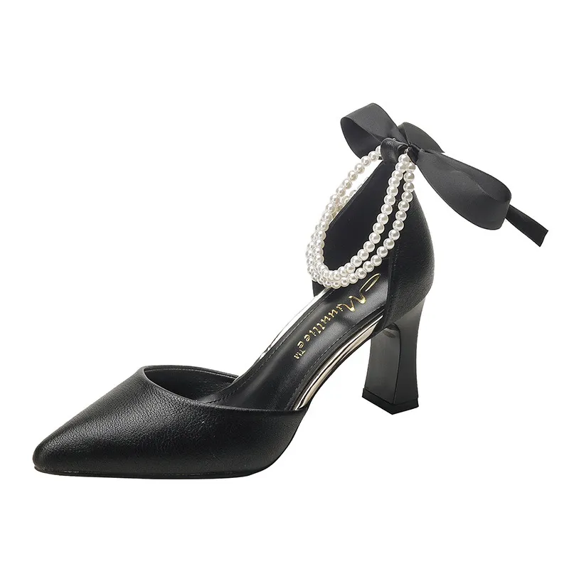 High Heels Women's Chunky Heel Hollowed Pointed-toe Ankle-strap Shoes - Black
